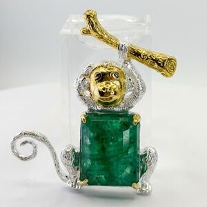 Handmade Emerald Monkey Brooch Jewelry Making Supply 925 Gold Plated